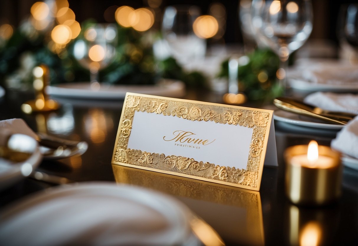 Elegant gold foil accented place cards arranged on a table for a wedding reception