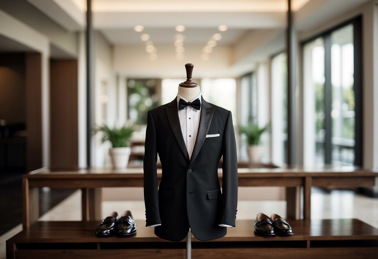 A groom's tuxedo hanging on a sleek wooden hanger, with a crisp white dress shirt, black bow tie, and polished black dress shoes arranged neatly below