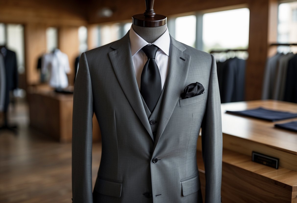 A gray three-piece suit hangs on a wooden hanger, with a crisp white dress shirt and a black silk tie neatly arranged on a display table