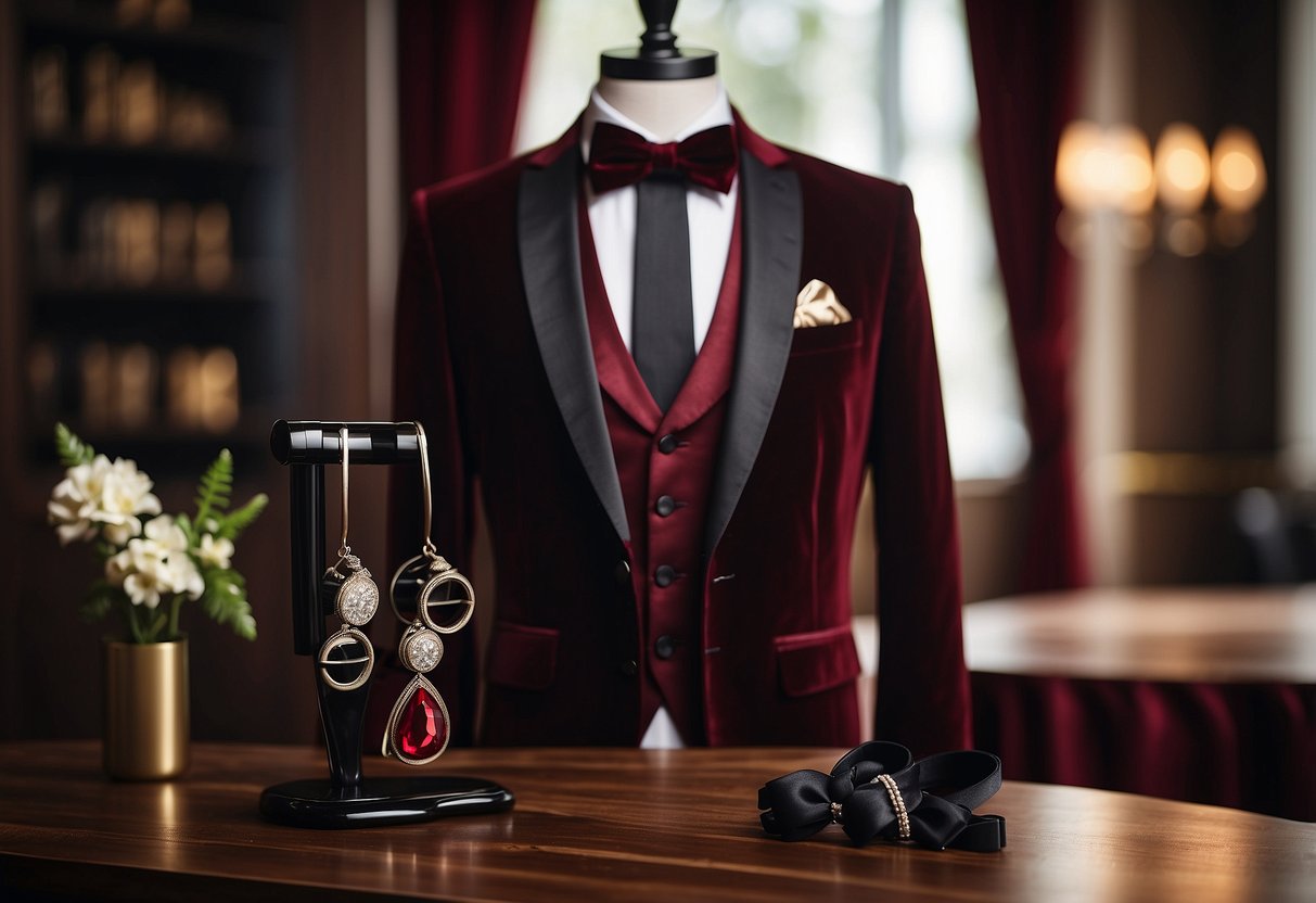 A luxurious velvet burgundy tuxedo hangs on a sleek wooden hanger, surrounded by elegant accessories like cufflinks and a bow tie