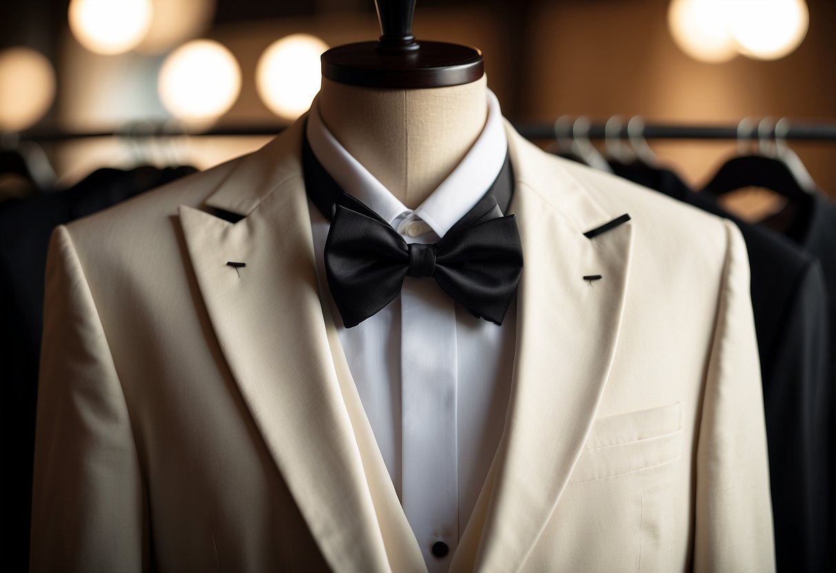 A sleek ivory shawl lapel tuxedo hangs on a wooden hanger, with a crisp white shirt and black bow tie neatly arranged next to it