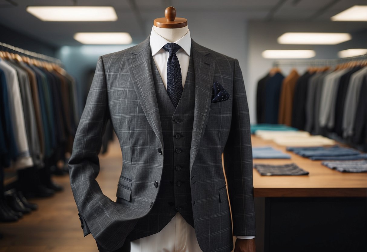 A charcoal checkered suit hangs on a tailor's mannequin, surrounded by fabric swatches and design sketches