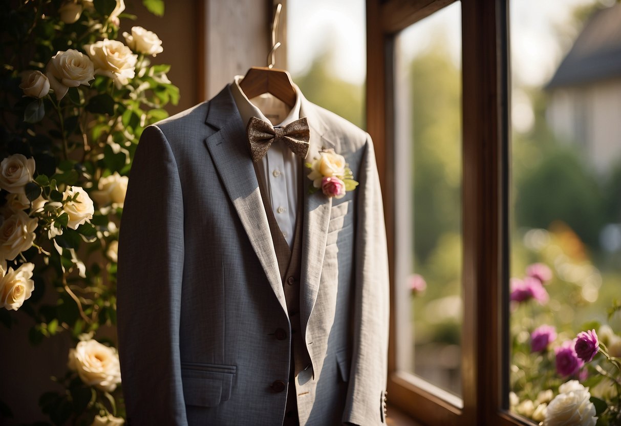 A linen summer suit hangs on a wooden hanger, surrounded by floral boutonnieres and elegant bow ties. Sunshine streams through a window, casting a warm glow on the ensemble