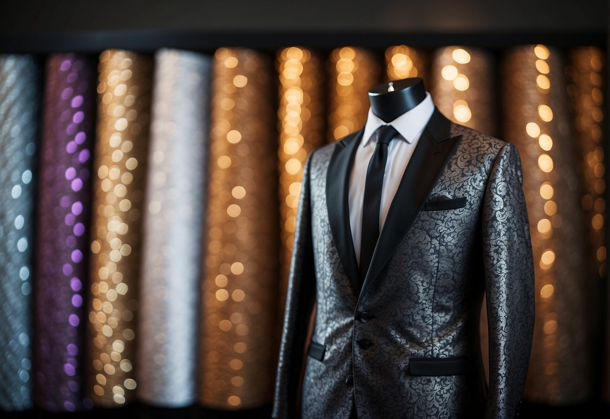 A patterned Jacquard tuxedo hangs on a sleek mannequin, illuminated by soft spotlight, surrounded by luxurious fabric swatches and elegant accessories