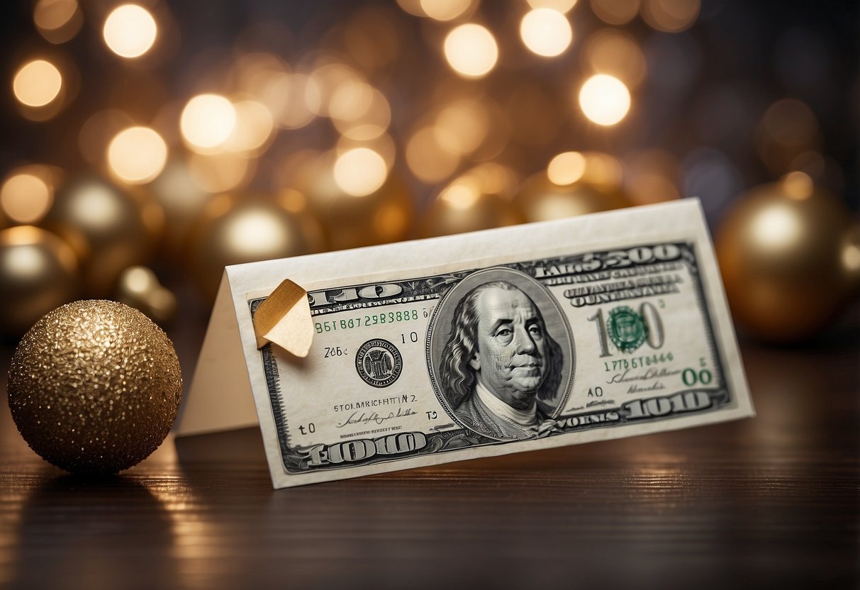 A decorative envelope with cash inside, surrounded by festive wedding decor and a congratulatory card