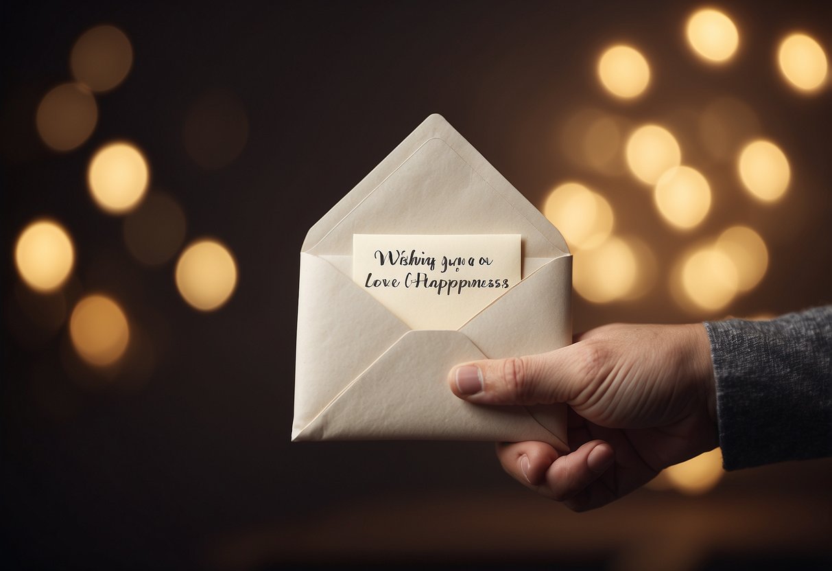 A pair of hands holding a beautifully wrapped envelope with the words "Wishing you a lifetime of love and happiness" written on it