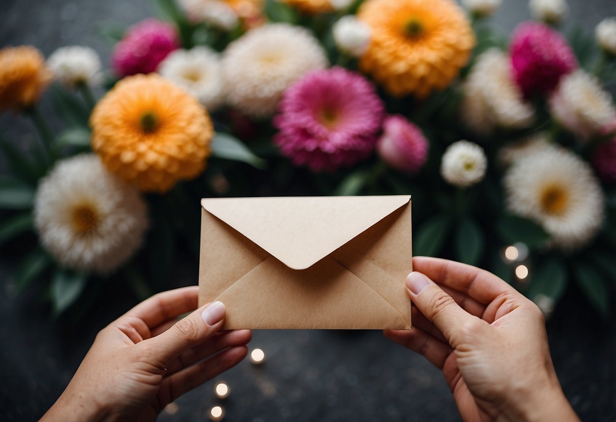 A pair of hands holds out a crisp envelope with a heartfelt message, surrounded by vibrant flowers and elegant wedding decor