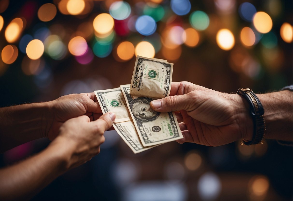 A pair of hands holding out an envelope with cash, surrounded by celebratory decorations and a joyful atmosphere