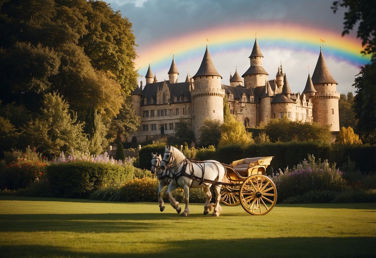 A sparkling castle surrounded by enchanting gardens, with a rainbow overhead and a golden carriage waiting outside