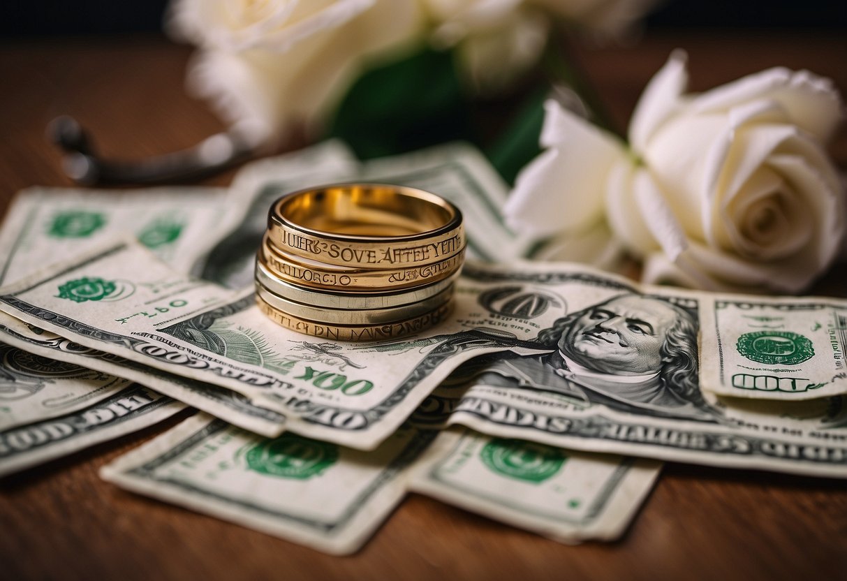 A stack of cash surrounded by wedding symbols like rings, flowers, and champagne glasses with the quote "Here's to love and laughter and your happily ever after" written in elegant calligraphy