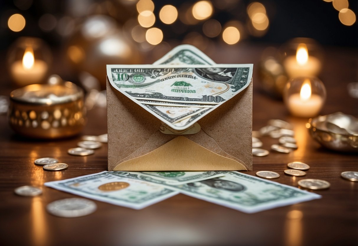 A decorative envelope with money inside, surrounded by festive wedding decorations and well-wishes written on cards