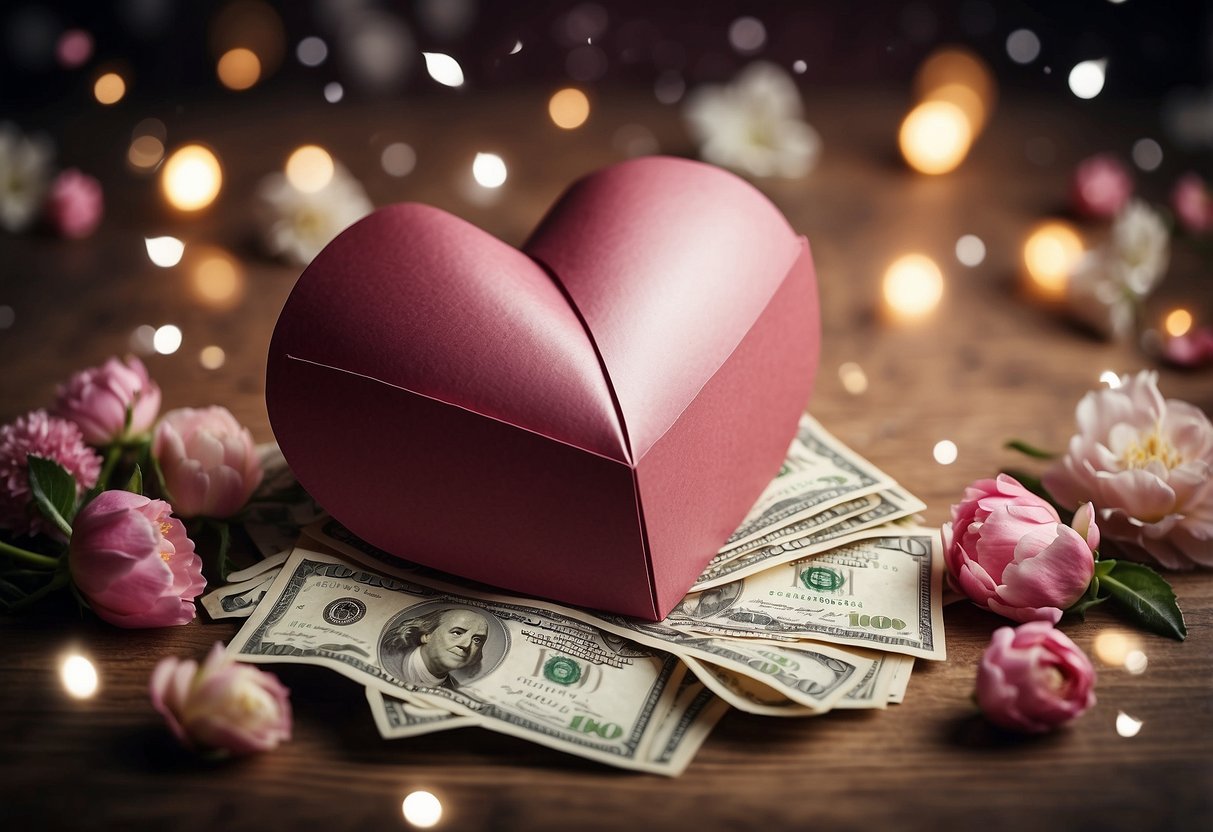 A heart-shaped envelope overflowing with cash, surrounded by blooming flowers and twinkling stars