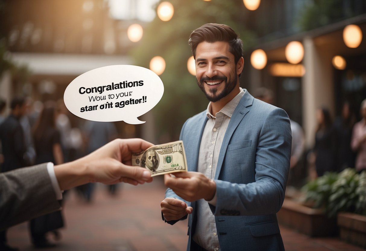 A hand holding an envelope with cash, a smiling couple receiving it, and a speech bubble with "Congratulations! We hope this helps you start your new life together."