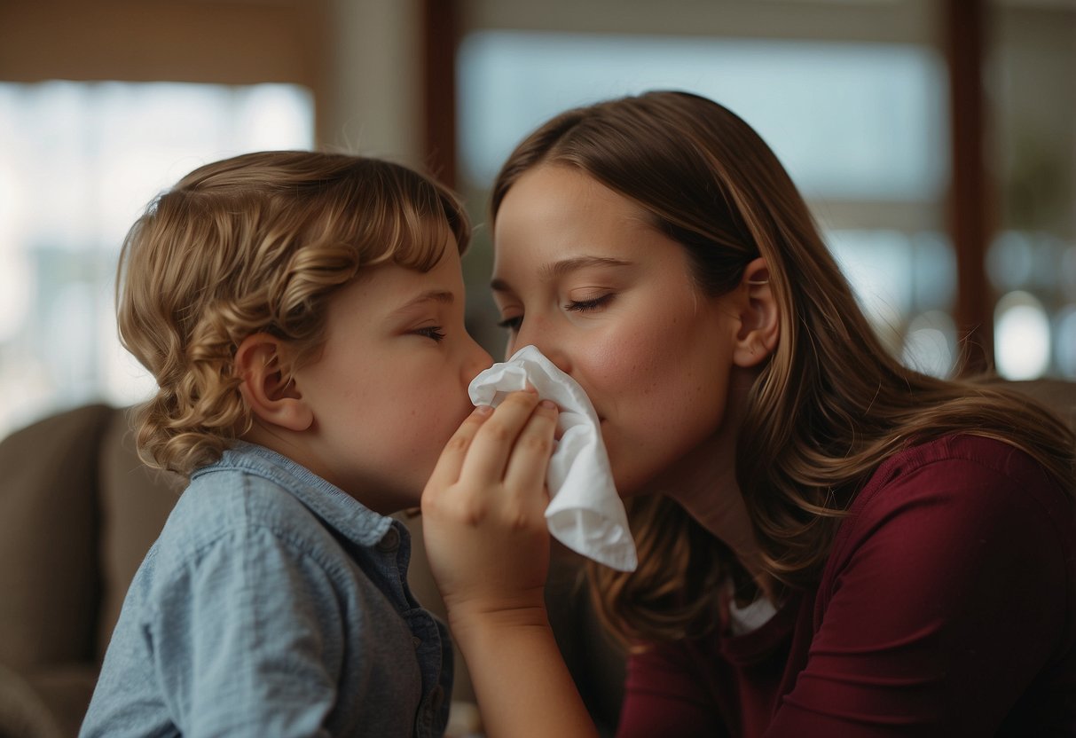 A child blowing their nose with a tissue while a caregiver gently encourages and teaches them how to properly blow their nose