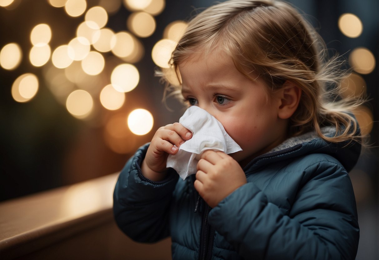 A child learning to blow their nose, with a step-by-step guide