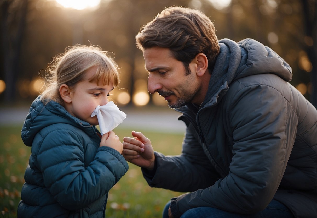 A child learning to blow their nose, with a supportive adult nearby, demonstrating care and patience