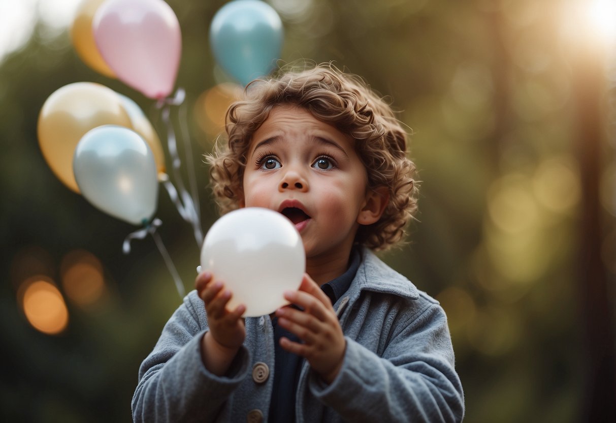 A child holding a tissue, looking up at a floating balloon with a surprised expression