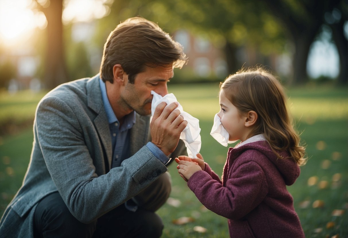 A parent teaching a child to blow their nose using a tissue