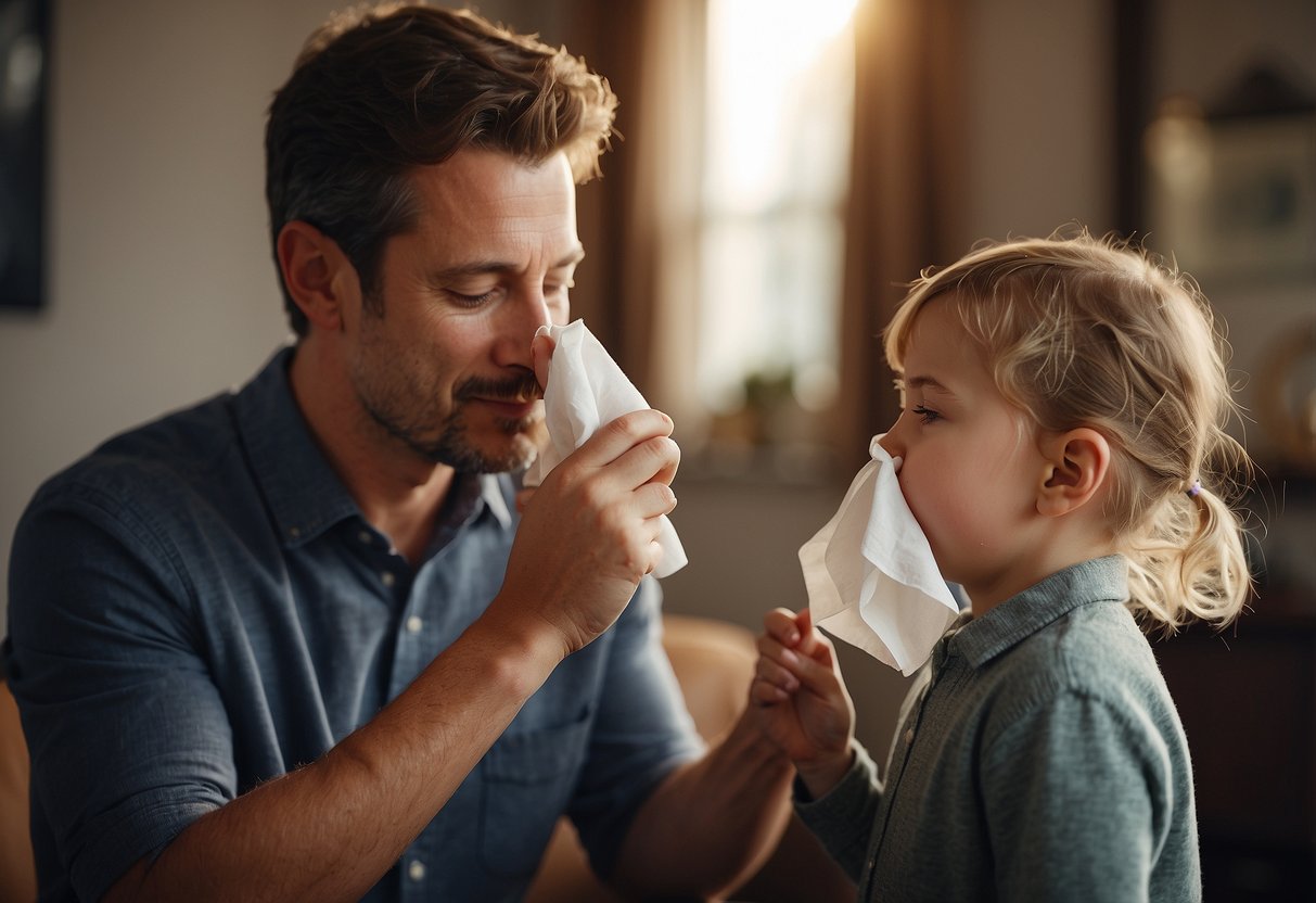 A child blowing their nose into a tissue, with a supportive adult nearby offering encouragement and guidance