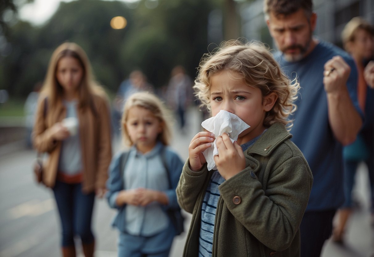 A child blowing their nose with a tissue, surrounded by concerned adults offering guidance and support