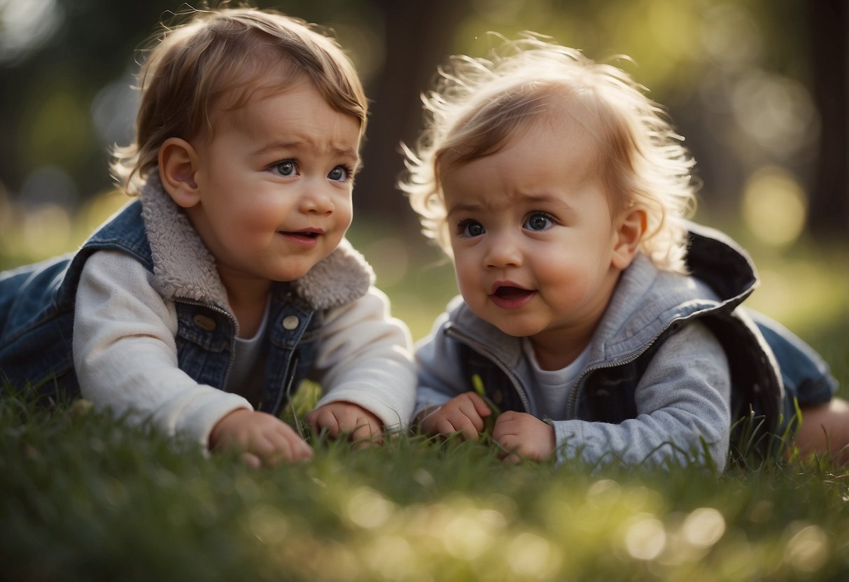 Babies making eye contact and babbling. Children playing and talking in small groups