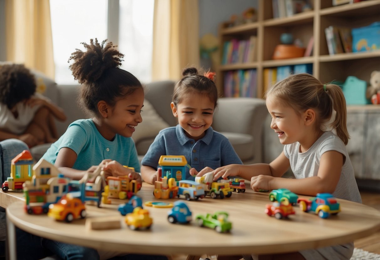 Children learning to speak, surrounded by books and toys, with a parent or caregiver smiling and engaging with them