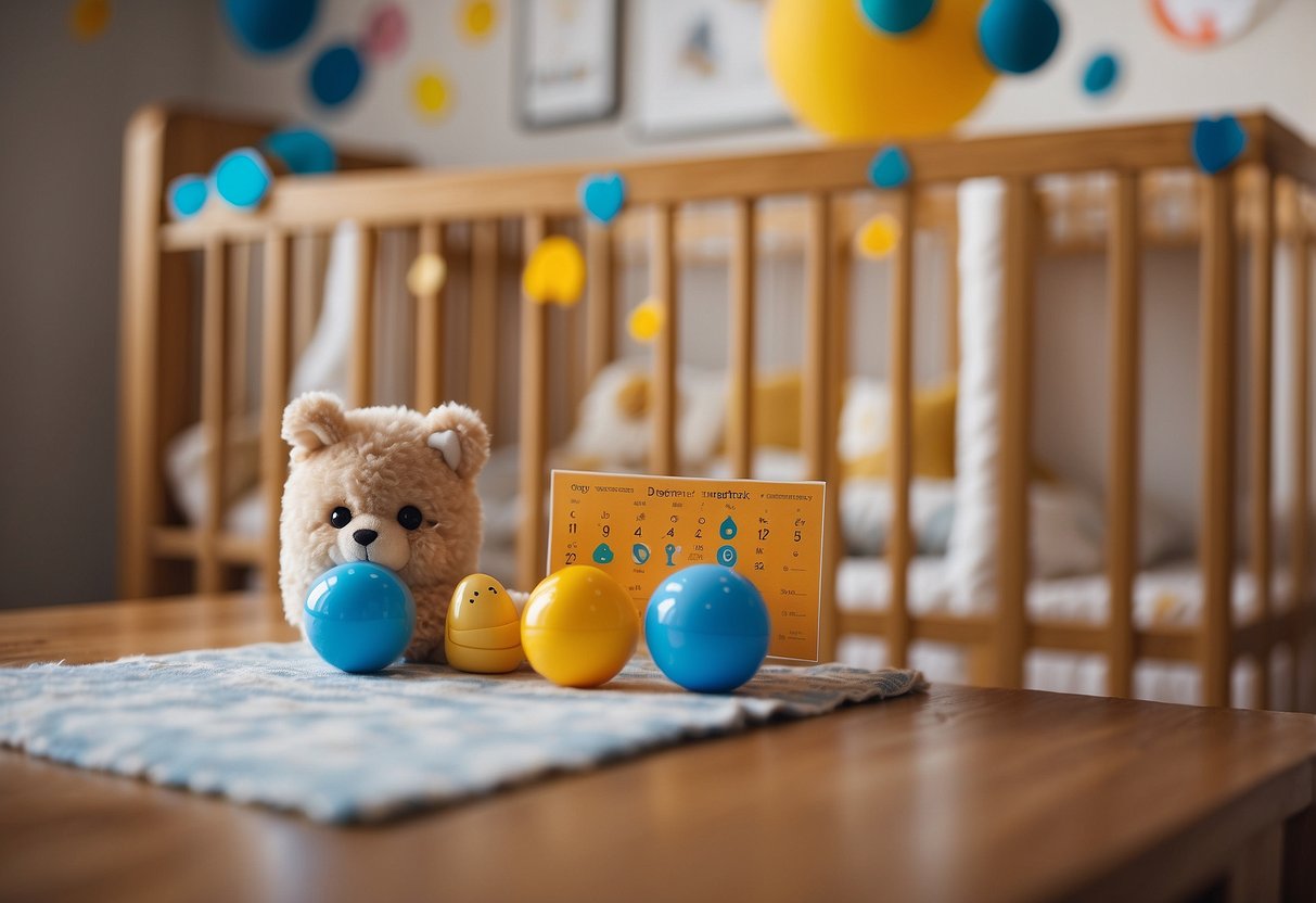 A child's first words, illustrated by a baby's crib with colorful toys, a speech bubble with simple words, and a calendar marking the milestone