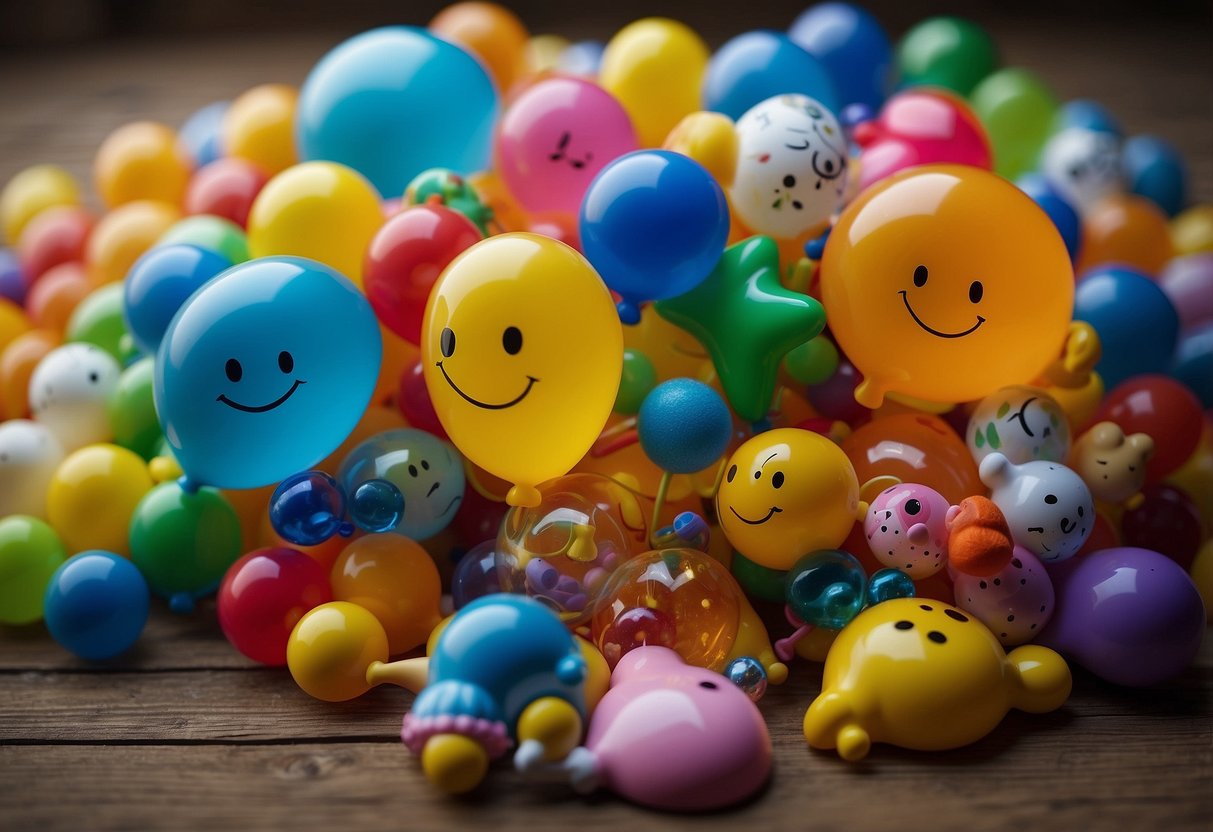 A group of colorful speech bubbles float above a collection of children's toys, representing the challenges of language development