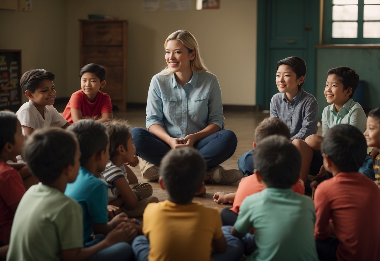 A group of children gather around a teacher, eagerly listening and speaking as they learn to communicate in their native language