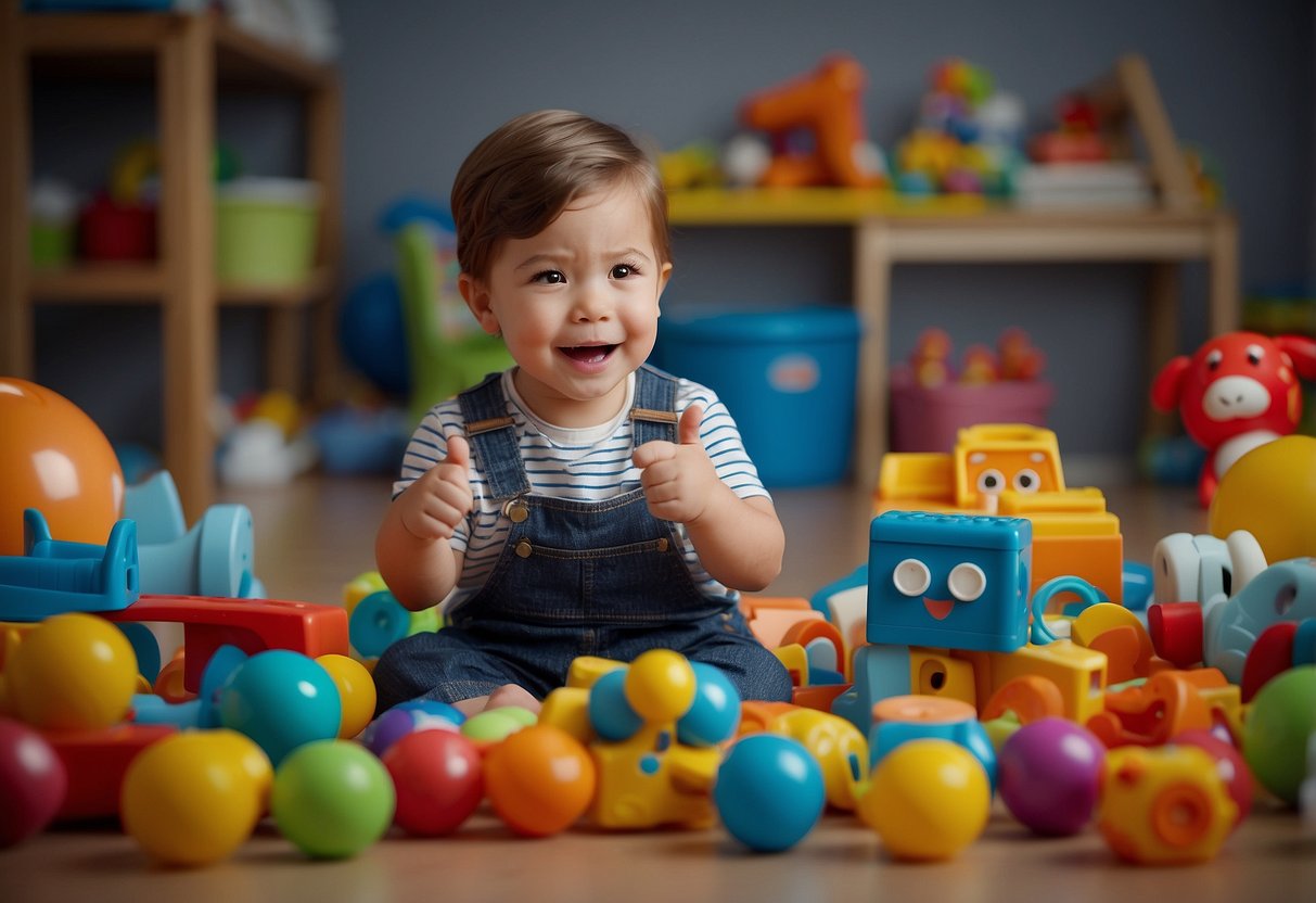 A young child sits surrounded by colorful toys, babbling happily while pointing at objects. A speech therapist gestures and encourages the child to repeat sounds