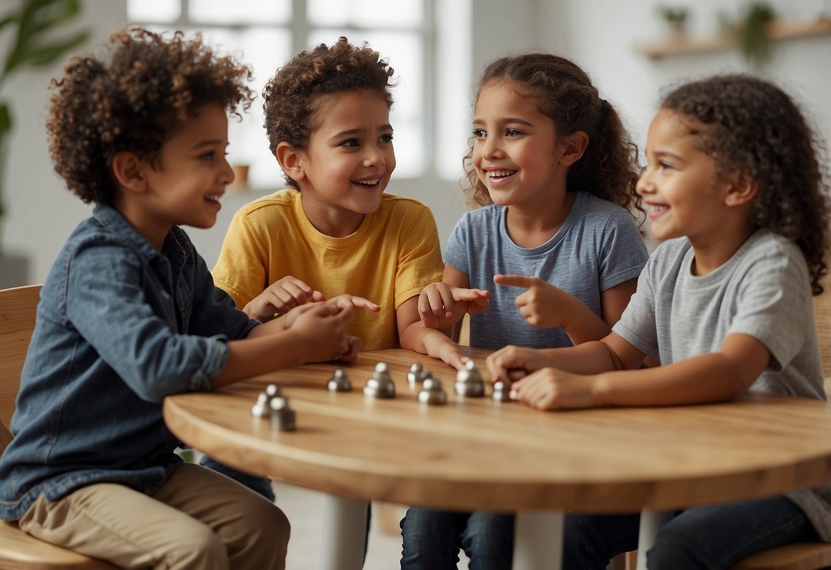 A group of children of various ages are gathered around a table, each holding a different object. They are engaged in conversation, gesturing and pointing as they speak