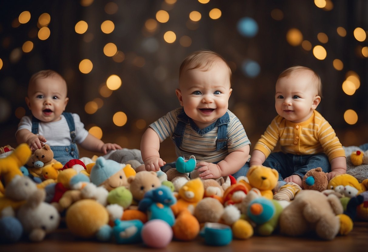 Babies surrounded by toys, babbling