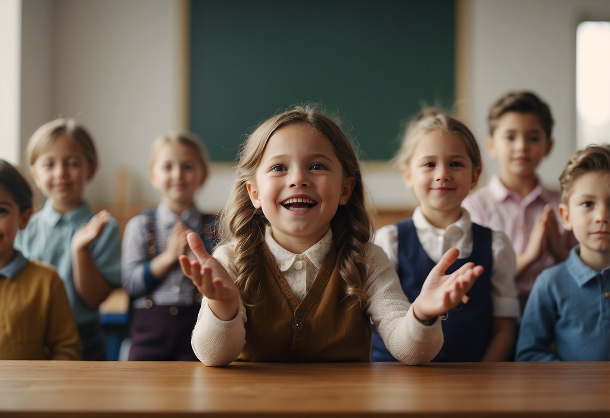 A group of children gathered around a teacher, eagerly raising their hands to ask when kids start speaking