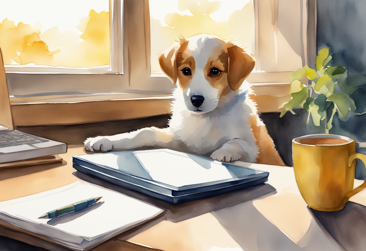 Buttercup, a playful puppy, sits beside a laptop and notebook. 