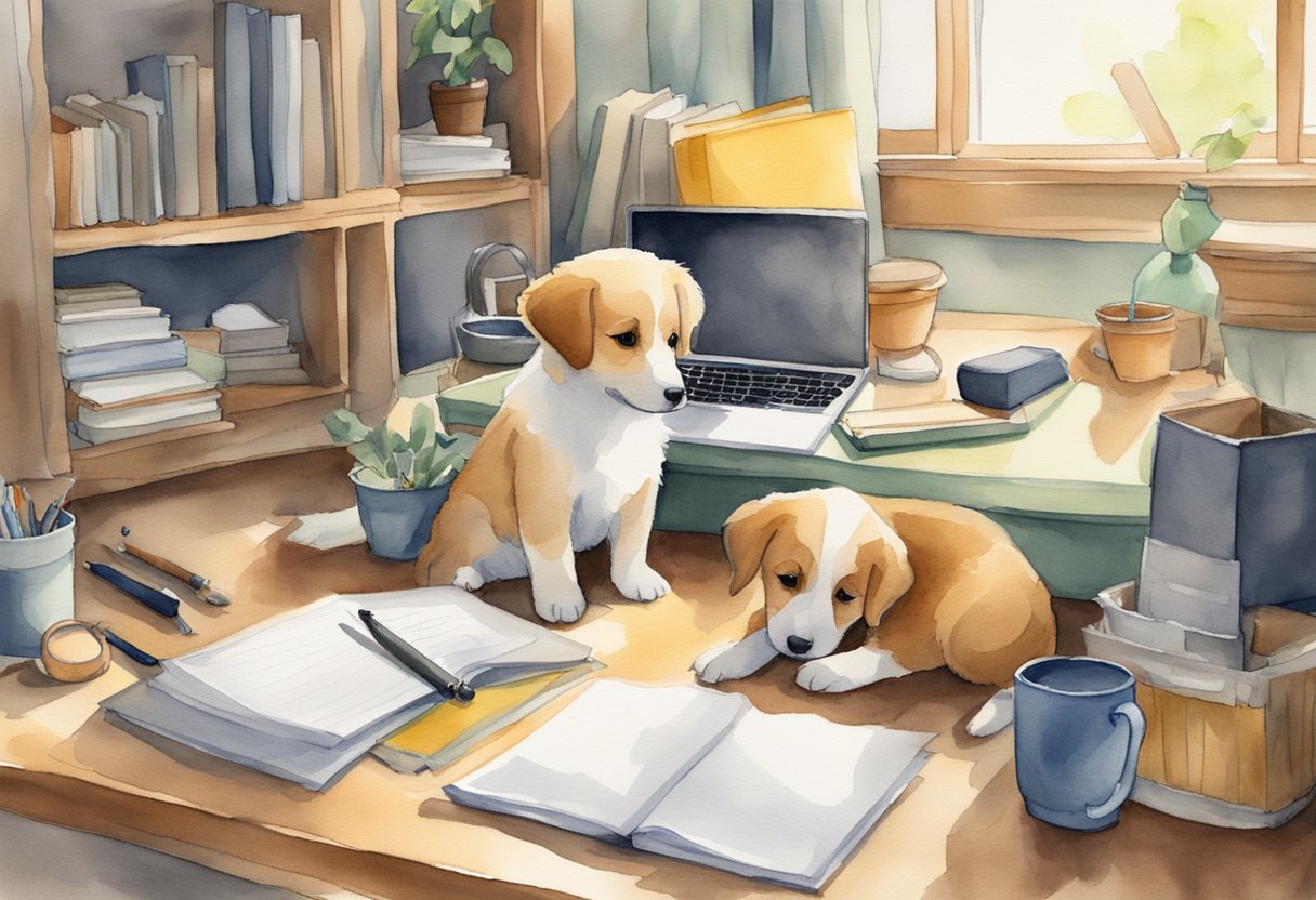 Buttercup's puppies play in a cozy, clutter-free room. Writing tools are neatly organized, with a laptop open to a blank document