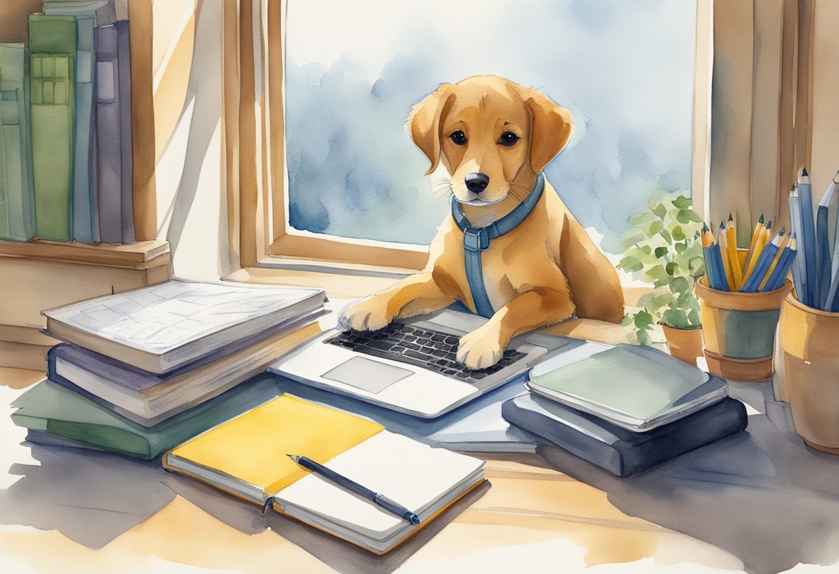 Buttercup, a playful puppy, sits beside a stack of notebooks and a laptop. A pencil and ruler lay nearby, as Buttercup gazes out the window, ready for adventure