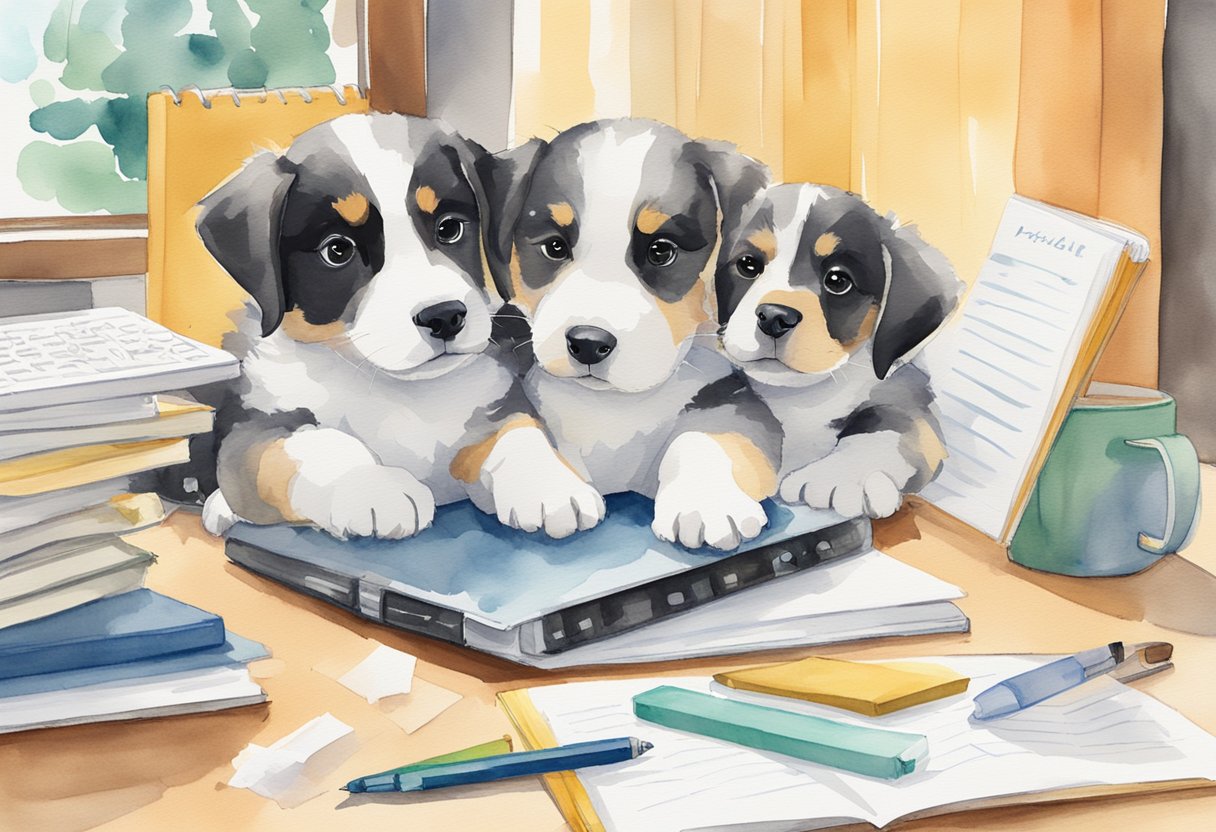 Buttercup's puppies playfully surround a stack of writing guides, with pens and notebooks scattered around. An open laptop displays a streamlined content creation process