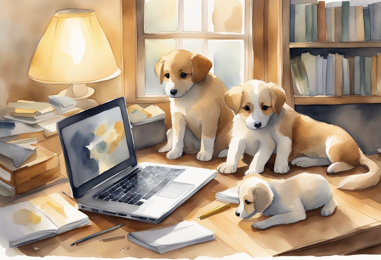 Buttercup's puppies playfully surround a laptop, with writing materials scattered around. The room is cozy, with soft lighting and a warm atmosphere