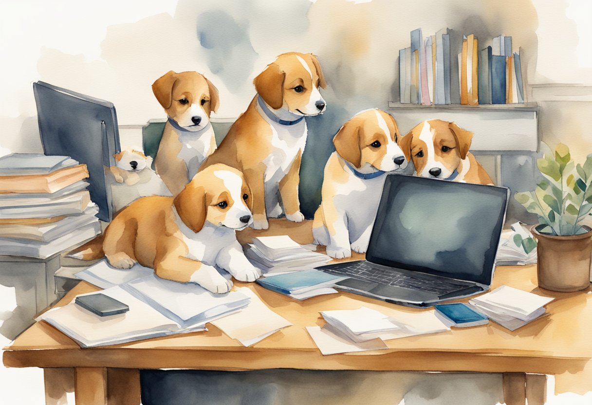 Buttercup's puppies playfully surround a writer's desk, with scattered papers and a laptop. The writer smiles, finding inspiration in the adorable chaos