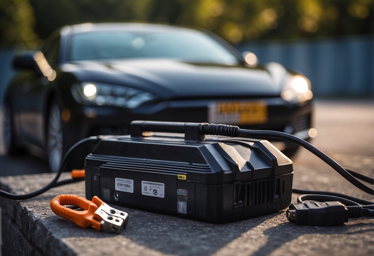 A car battery connected to a charger with cables still attached. Safety gear and precautions visible nearby