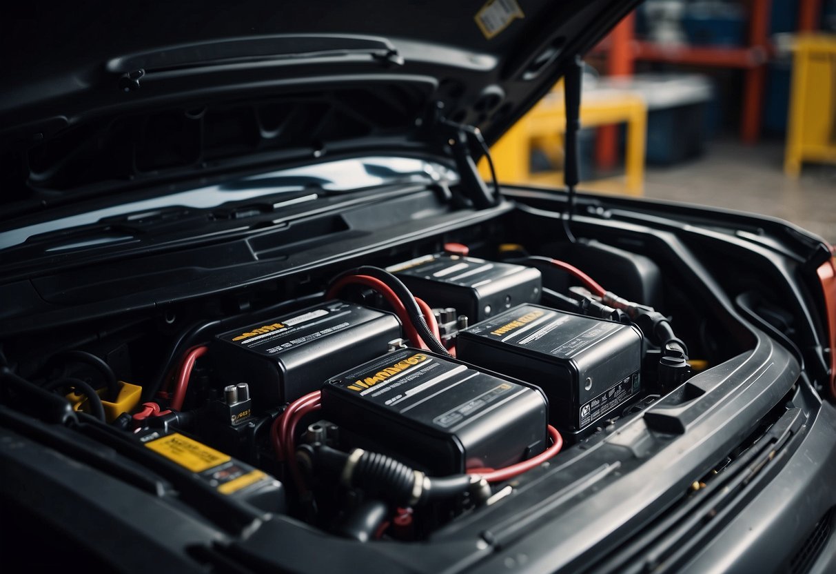 Car batteries with vent holes, surrounded by engine components and cables, sit on a workbench in a dimly lit garage