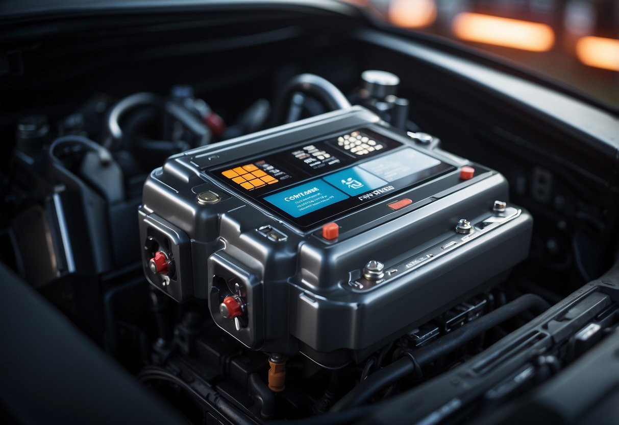 A car battery with visible vent holes, surrounded by futuristic technology and innovation symbols