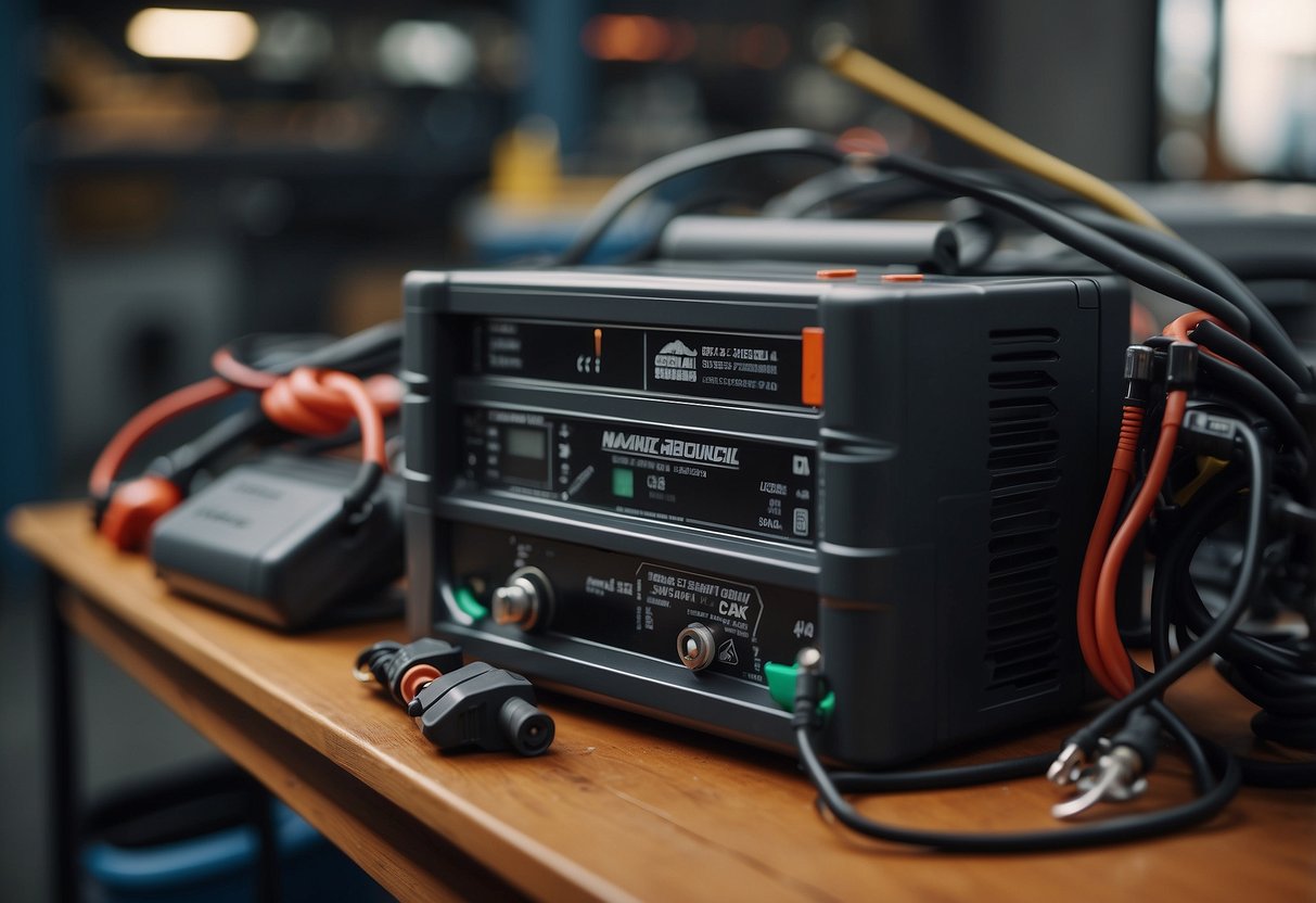 A fully charged car battery sitting on a clean workbench with cables neatly coiled nearby