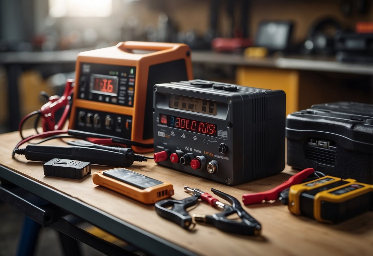 A car battery sits on a workbench, surrounded by tools and equipment. A multimeter is connected to the battery, showing a full charge