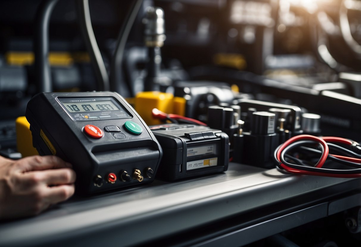 A car battery sits on a workbench with a voltmeter attached, showing a full charge. A mechanic holds a battery tester, ready to confirm the charge