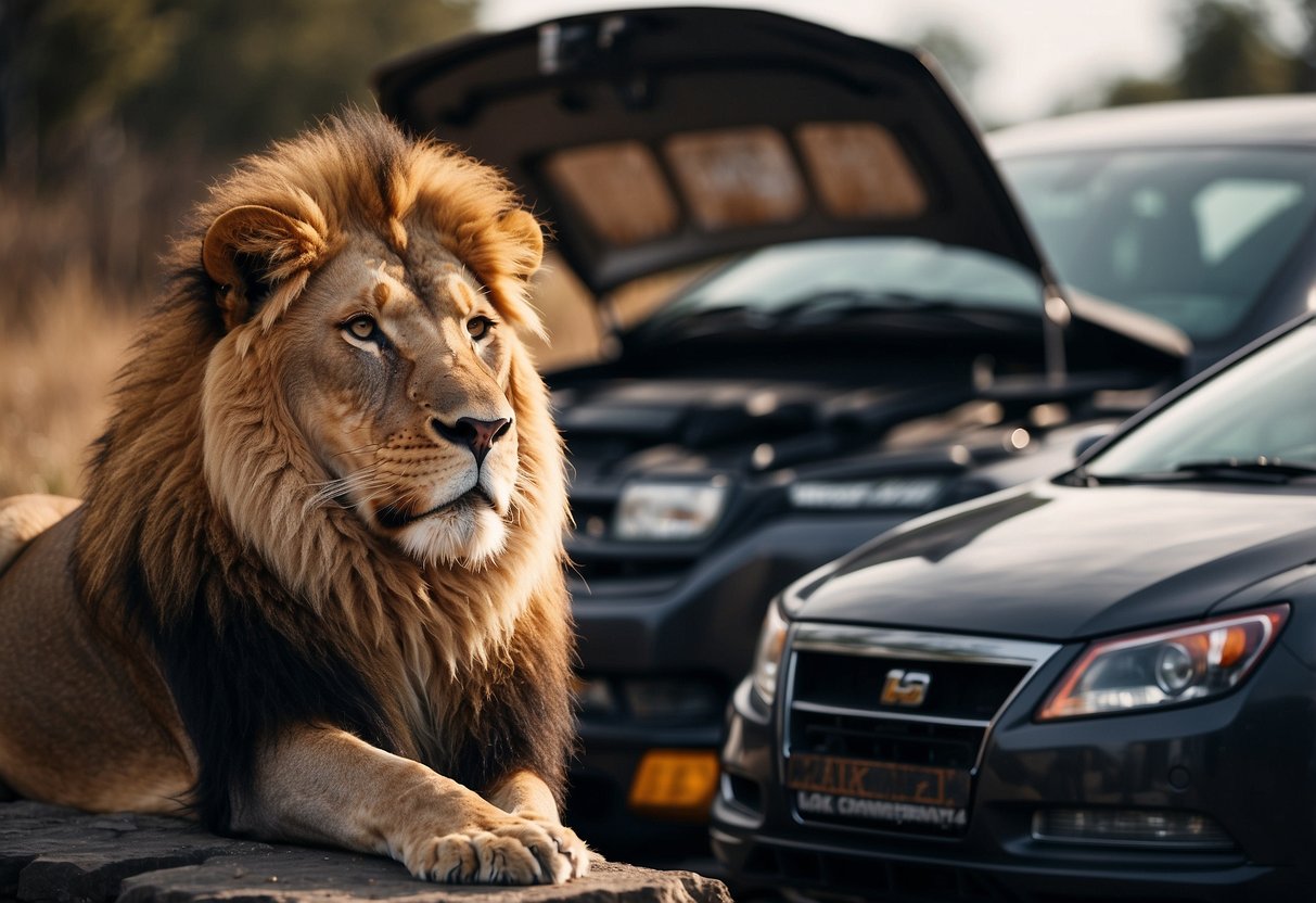 A lion confidently sits next to a car battery, looking powerful and reliable