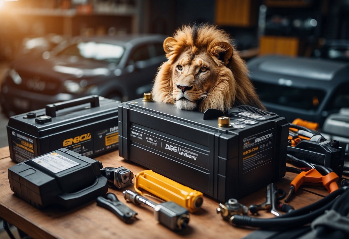 A lion car battery sits on a clean, well-lit workbench, surrounded by tools and automotive equipment