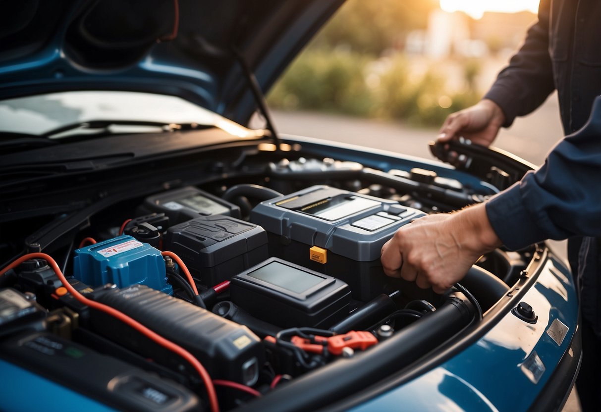 An open car hood with a lion car battery installed, surrounded by tools and a mechanic's hand holding a multimeter