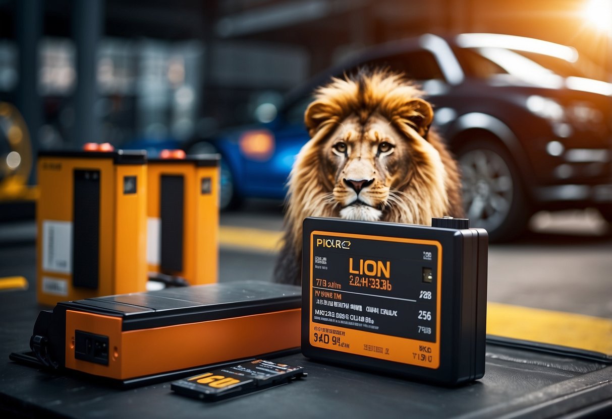 A lion car battery sits on a scale next to a price tag. A chart shows its performance and value compared to other brands