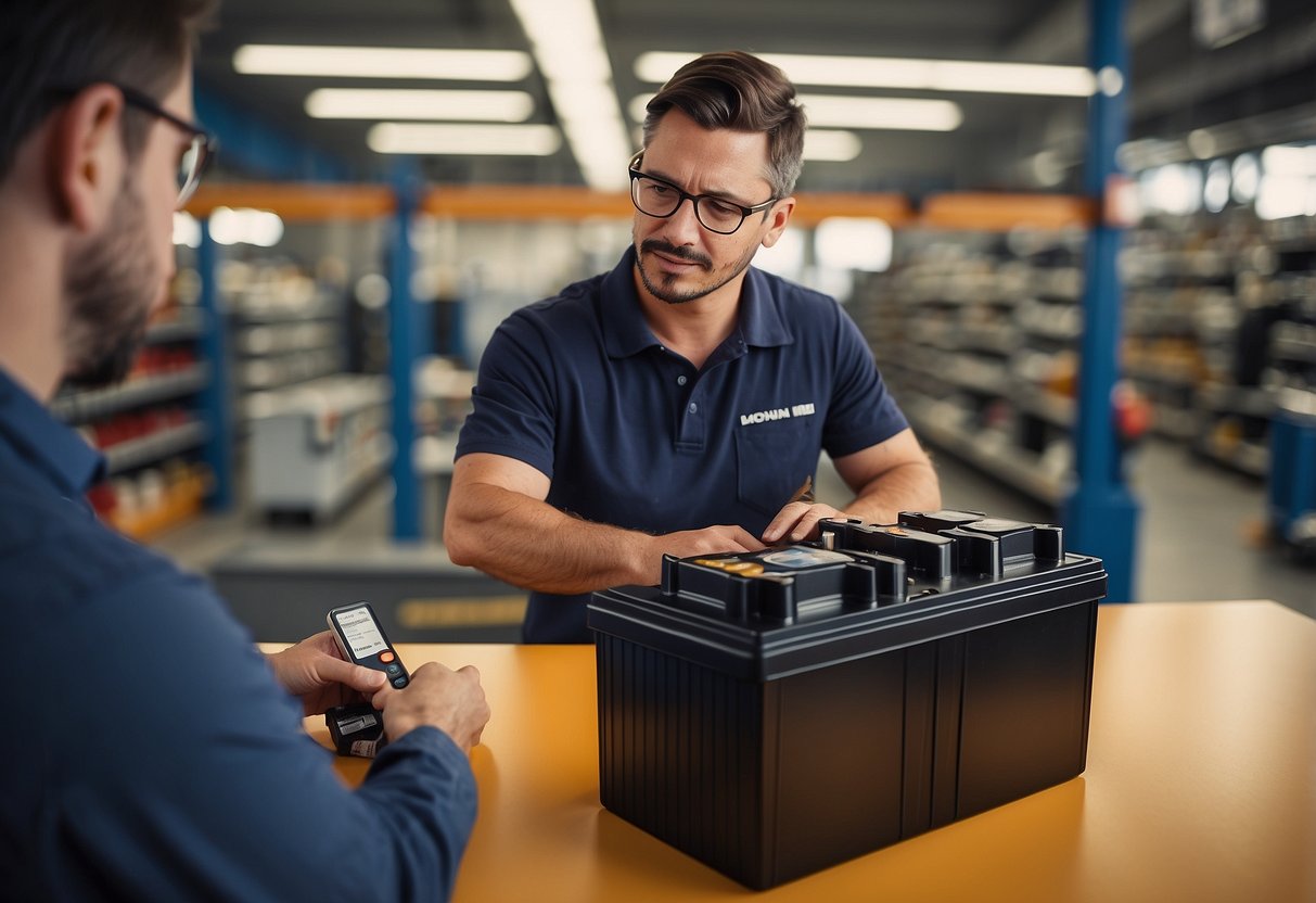 A customer is reviewing warranty details while purchasing a lion car battery